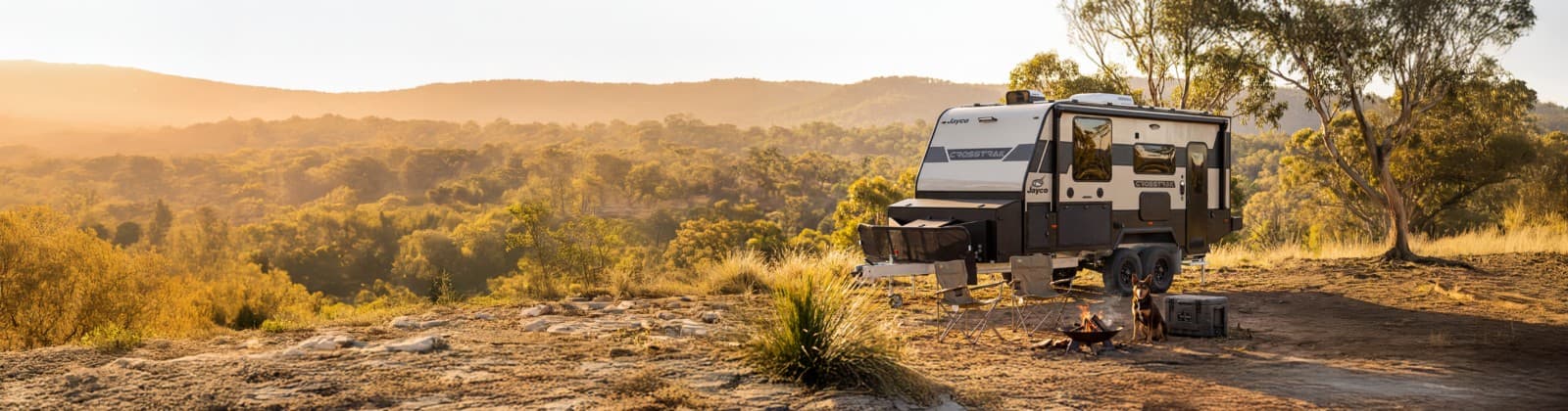 Jayco Crosstrack caravan set up in the Australian bush at golden hour